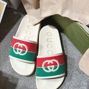 Gucci Cream and Green Slides with Red Accent